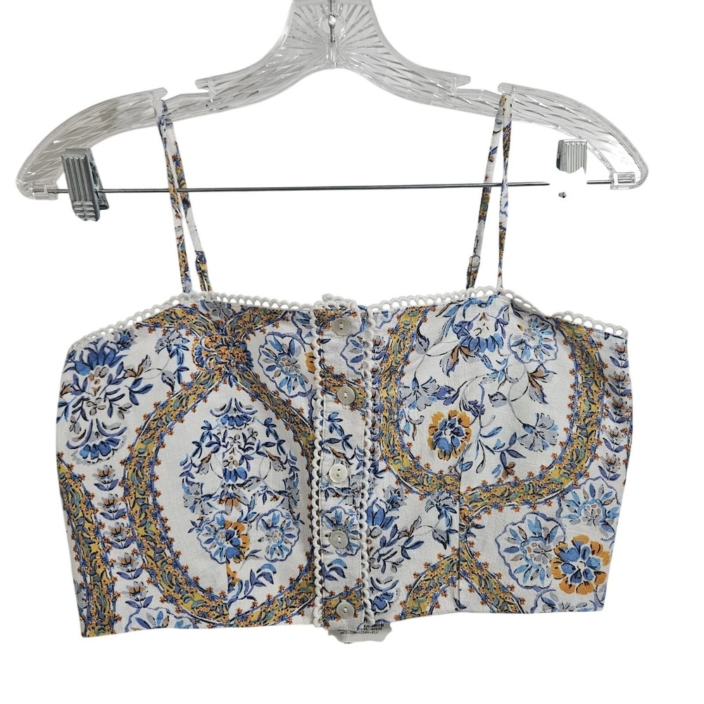 dRA Los Angeles Crop Top Womens Sm Blue Yellow Floral Button‎ Front Straps NWT